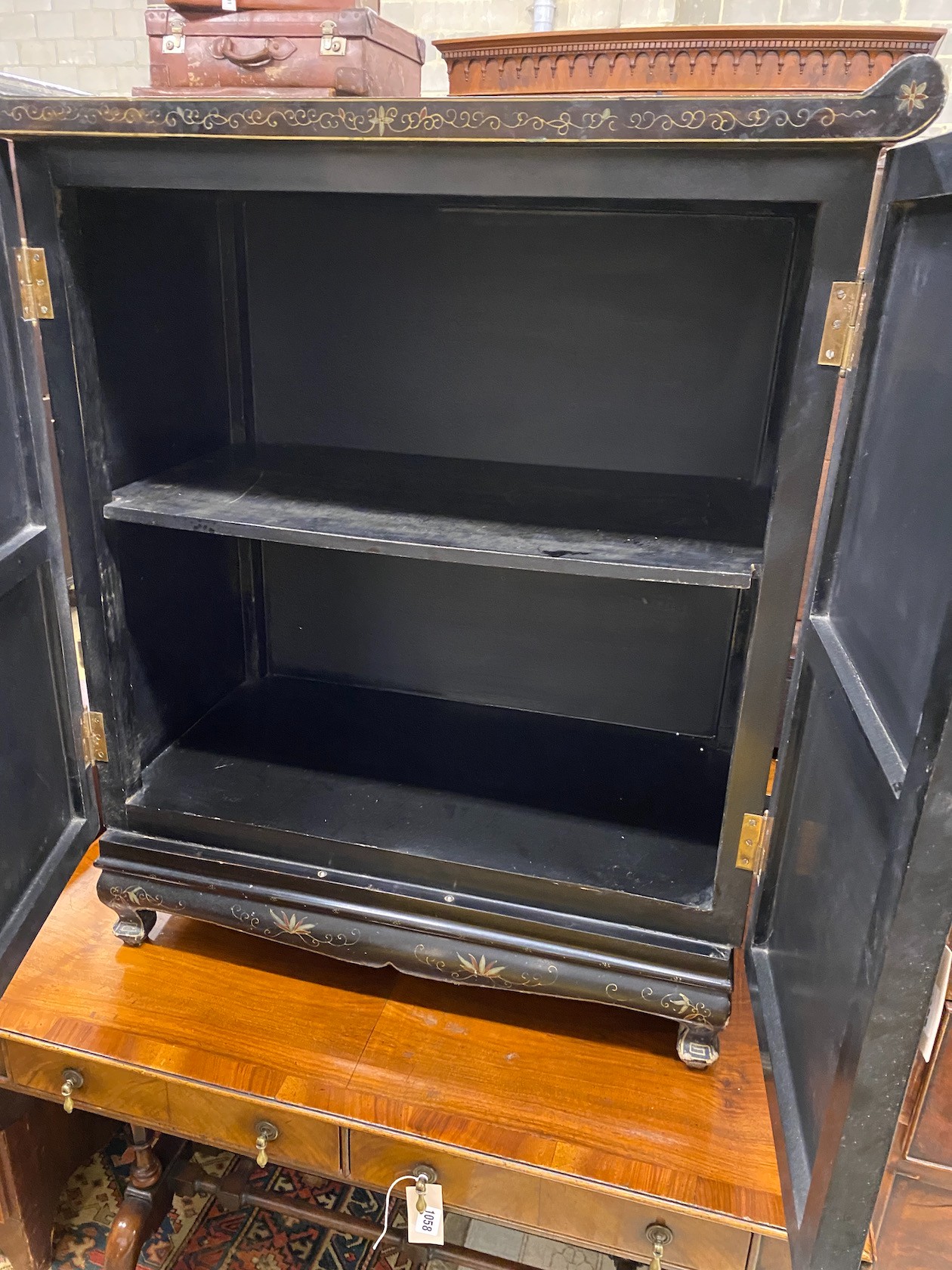 A Chinese black lacquer hardstone and composition mounted two door side cabinet, width 77cm, depth 41cm, height 90cm